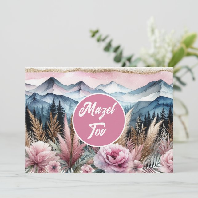Cartão de Parabéns Mazel Tov, Montanhas Florais, (Em pé/Frente)