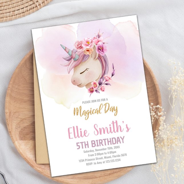 Cartão de Partido Mágico de Menina Editável com Ac (Pink Floral Unicorn Birthday Invitations)