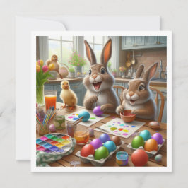 cartão de Páscoa, coelhos pintando ovos, convite d