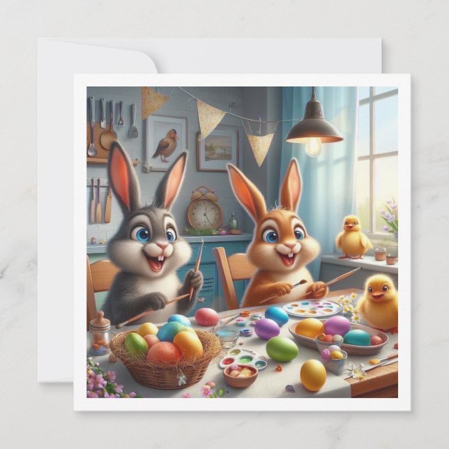 cartão de Páscoa, coelhos pintando ovos, convite d (Frente)