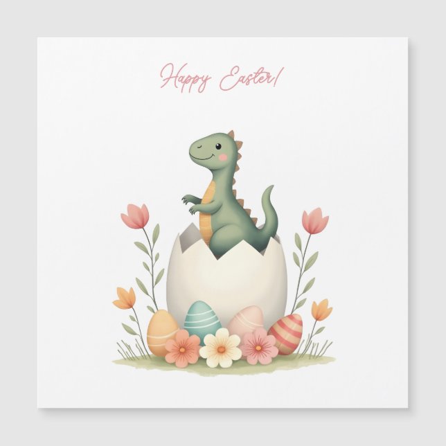 Cartão de páscoa com um dinossauro em cores pastos (Frente)