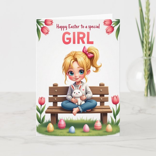 Cartão de Páscoa da Menina da Primavera de Tulipas (Frente)