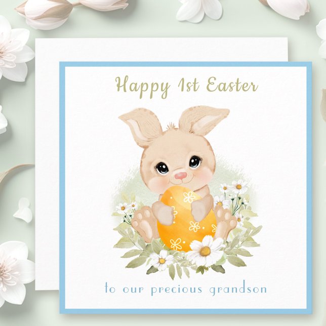 Cartão de Páscoa de 1 rua de Bunny Neto 1 Amarelo- (Cute Blue Yellow Bunny Grandson 1st Easter Card)