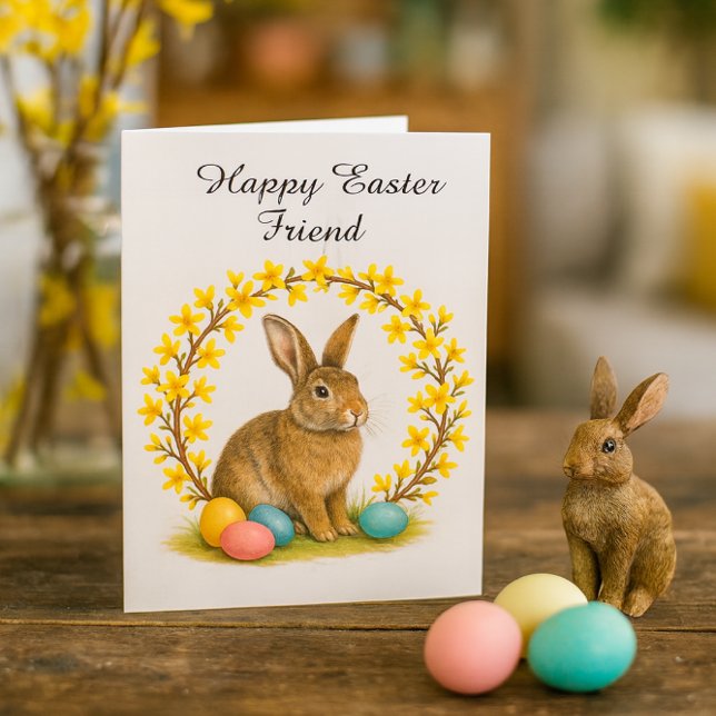 Cartão de Páscoa Dobrado para Amigo Feliz (Rustic Easter card scene with bunny figurine, pastel eggs, and forsythia on warm pine table.)