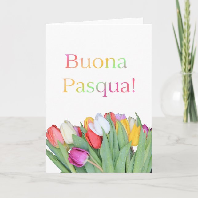 Cartão de Páscoa italiano - buquê de tulipa Buona  (Frente)