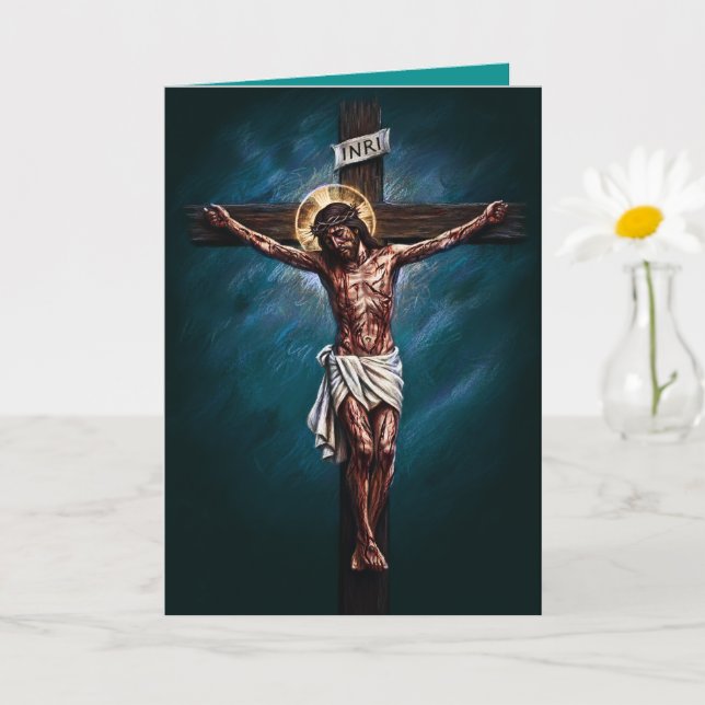 Cartão de Páscoa Jesus Crucificado Azul Turquesa (Planta pequena)