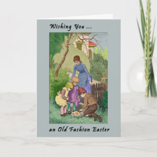 Cartão de Páscoa Vintage com Mãe e Filhos