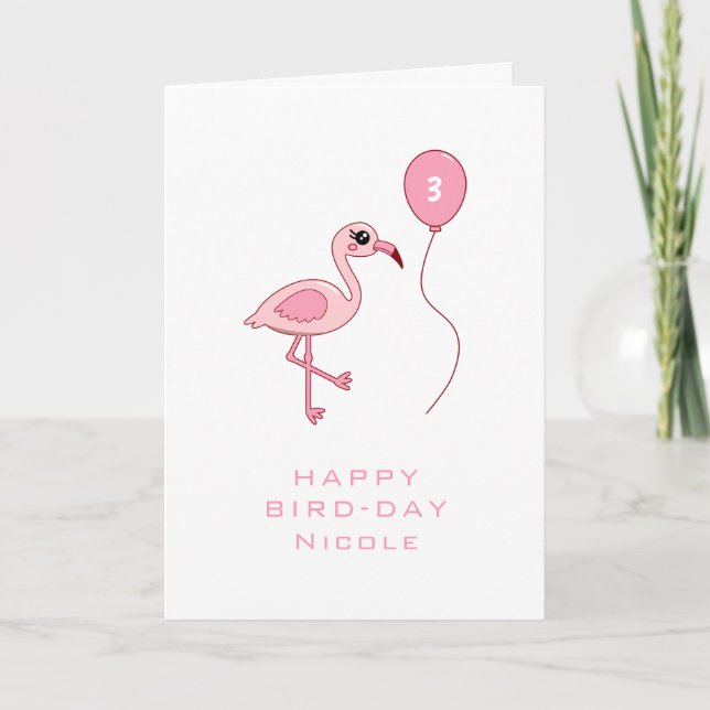 Cartão de Pássaro Feliz, Flamingo, Rosa aniversári (Frente)