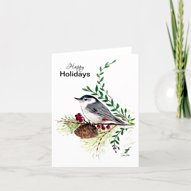 Cartão de Pássaro Nuthatch de Feriados Felizes (Happy Holidays Nuthatch Bird Card from Jenn's Emporium. )