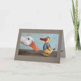 cartão de pato vivo e de brinquedo antigo