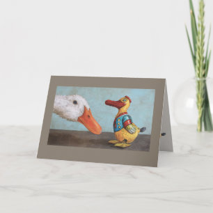 cartão de pato vivo e de brinquedo antigo