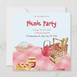Cartão de Picnic com Aquarela Floral Azul Vermelho