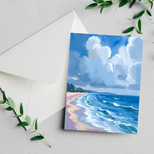 Cartão de pintura aquarela da costa do oceano azul