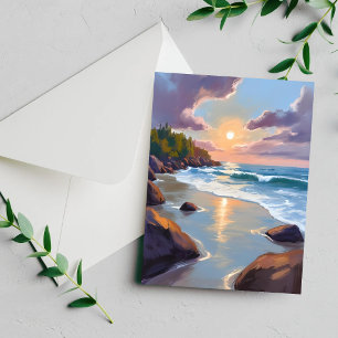 Cartão de pintura aquarela da praia da costa oceân
