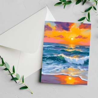 Cartão de Pintura Aquarela Ondas Pôr do Sol Dourad