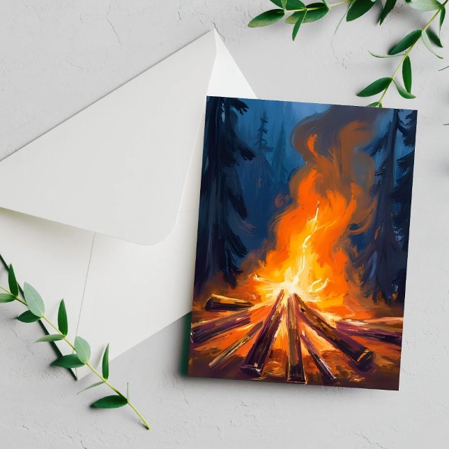 Cartão de Pintura da Floresta de Aquarela Campfire (Criador carregado)