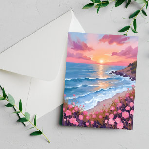 Cartão de pintura de flores em aquarela com pôr do
