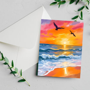 Cartão de pintura em aquarela da praia do pôr do s