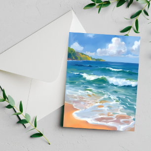 Cartão de pintura em aquarela de ondas azuis coste