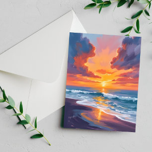 Cartão de pintura em aquarela do pôr do sol na pra