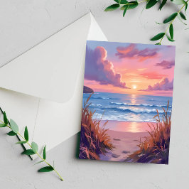 Cartão de pintura em aquarela do pôr do sol na pra