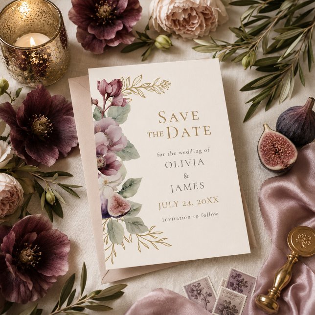 Cartão de Plum & Olive Botânico para Salvar a Data (Plum & Olive Botanical Wedding Save the Date Invitation)