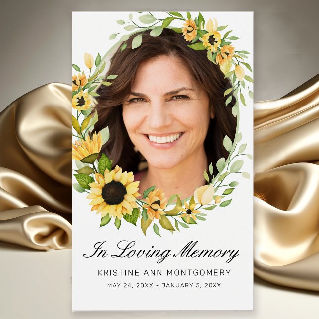 Cartão de Poema Fotográfico de Girassol Preto (Elegant Yellow Sunflower Photo In Loving Memory Memorial Funeral Card with Poem)