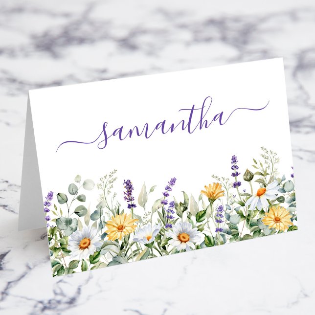 Cartão de Posicionamento com Borda de Aquarela de  (Purple Wildflowers Watercolor Border Individual Place Cards)
