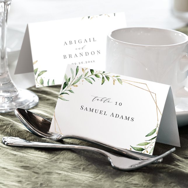 Cartão de Posicionamento Dobrável Geométrico de Ve (Modern Greenery Gold Geometric Foldable Place Card)