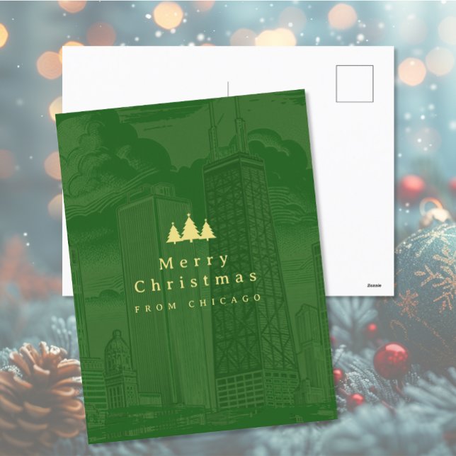 Cartão de Posto Feliz Natal de Chicago (Merry Christmas Chicago Holiday Post Card (front and back))