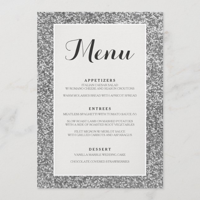 Cartão de prata elegante do menu do casamento do (Frente)