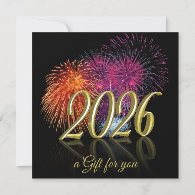 Cartão de Presente 2026 Fogos de Artifício Dourado (Frente)