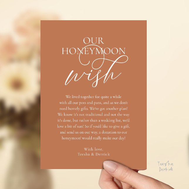Cartão de Presente de Melação Elegante (Elegant Script Honeymoon Wish Cash Fund Enclosed Invitation Card in Copper Brown Terracotta)