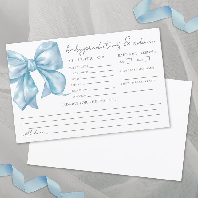 Cartão de Previsões de Conselhos para Chá de Bebê  (Blue Bow Baby Shower Advice Predictions Card)