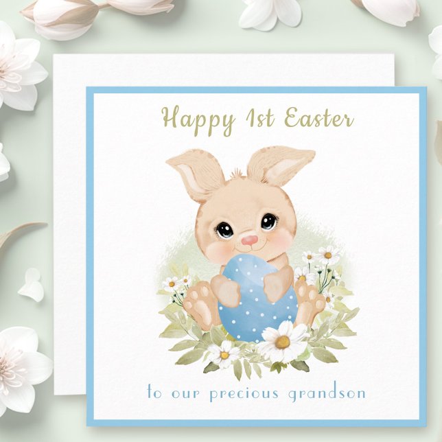 Cartão de primeira Páscoa de coelhinho azul (Cute Blue Bunny Grandson First Easter Card)