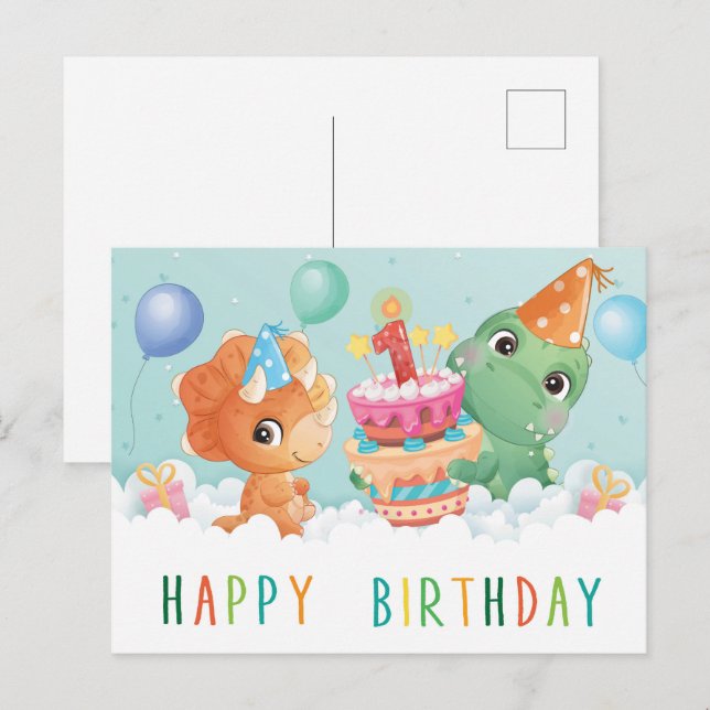 cartão de primeiro aniversario de dinossauro fofo (Frente/Verso)