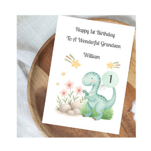 Cartão de Primeiro Aniversário de Menino com Dinos