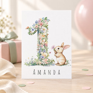 Cartão de Primeiro Aniversário Floral Um e Coelho