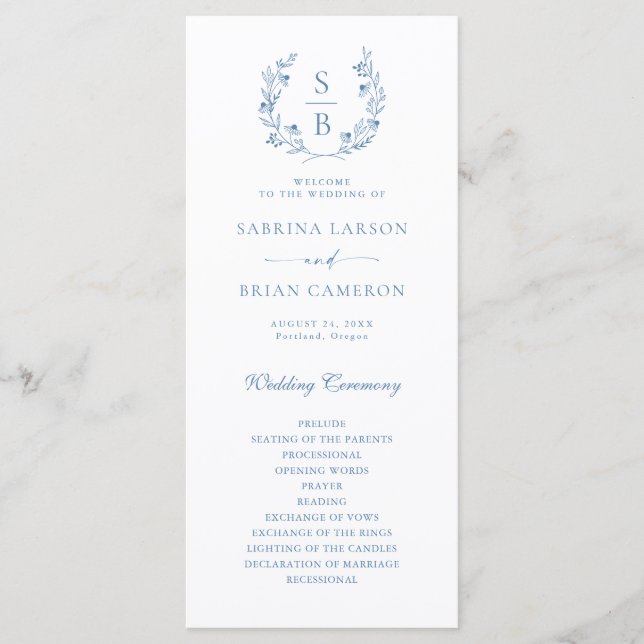 Cartão de Programa com Monograma Botânico em Azul  (Frente)