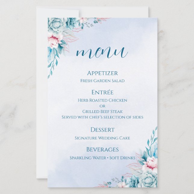 cartão+de+programa+de+casamento azul+floral+cerimô (Frente)
