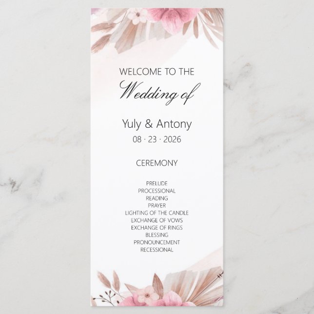 Cartão de Programa de Casamento Boho Rosa Champanh (Frente)
