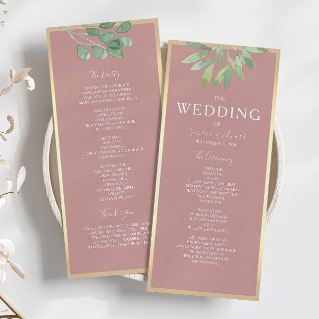 Cartão de Programa de Casamento Botânico Rosa Empo (Criador carregado)
