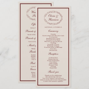 Cartão de Programa de Casamento Burgundy Old Money