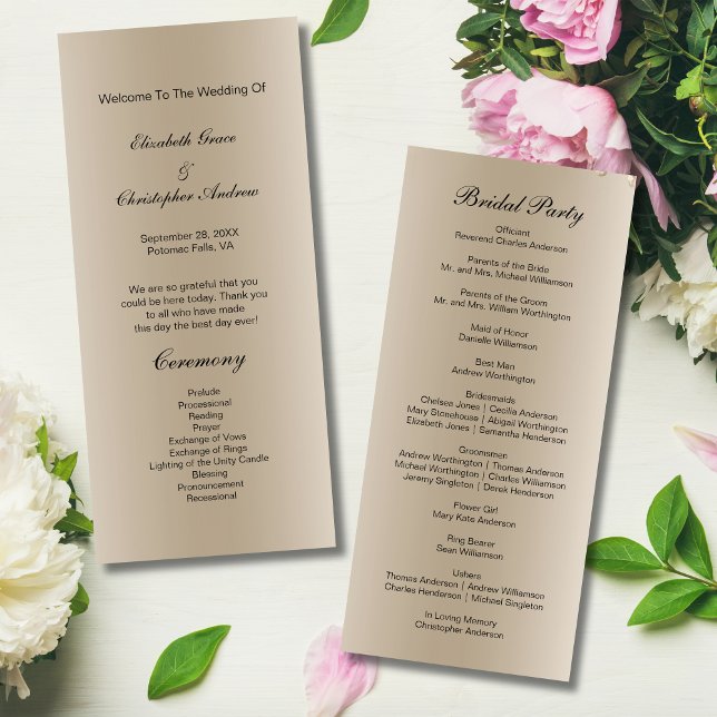 Cartão de Programa de Casamento Champagne Black Sc (Champagne color Black Script Wedding Program)