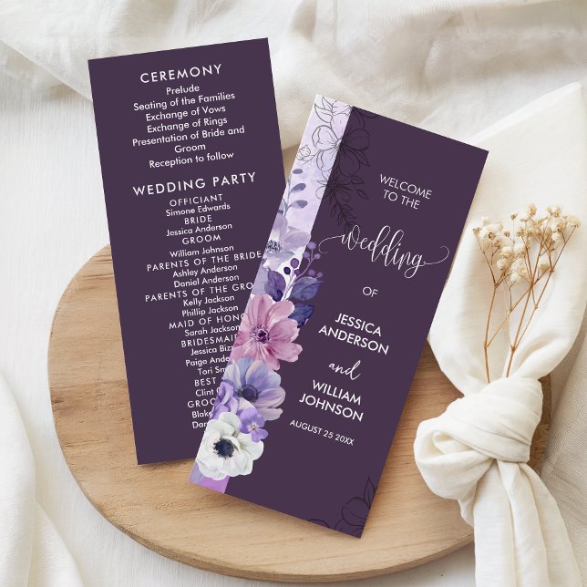 Cartão de Programa de Casamento com Floral Roxa (Criador carregado)