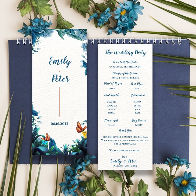 Cartão de Programa de Casamento de Borboleta Botân (Blue Botanical Butterfly Wedding Program Card)