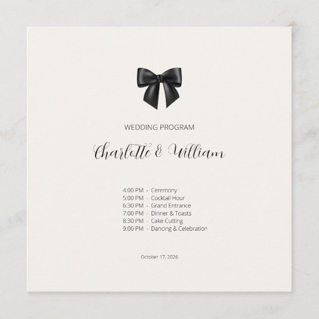Cartão de Programa de Casamento Elegante com Laço  (Frente)