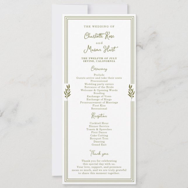 Cartão de Programa de Casamento Elegante Verde Oli (Frente)