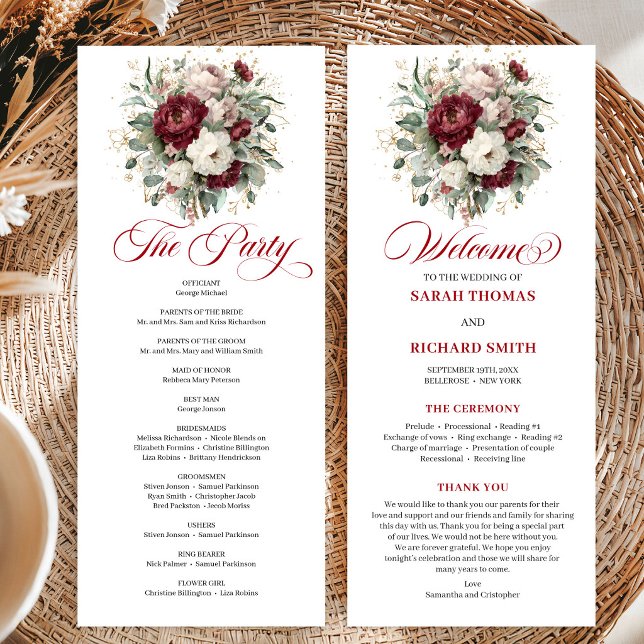 Cartão de Programa de Casamento Floral Burgundy Ro (Elegant Blush Burgundy Floral Wedding Program Card)