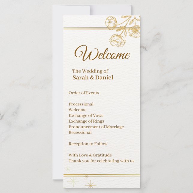 Cartão de Programa de Casamento Floral Dourado Ele (Frente)